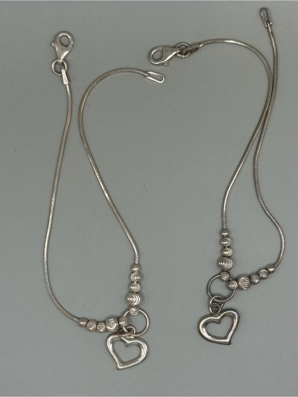 925 Sterling Silver Heart Charm Double Snake Chain Bracelet. Italian silver.